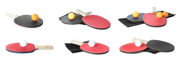 Image of Set with ping pong rackets and balls on white background, banner design
