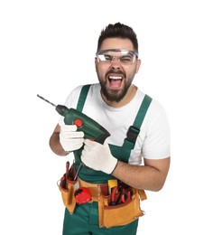 Emotional worker in uniform with power drill on white background