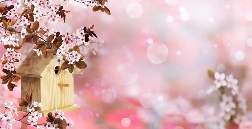 Beautiful wooden bird house hanging on blossoming tree outdoors, banner design. Springtime