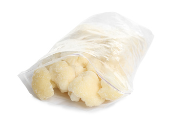 Frozen cauliflower florets in plastic bag isolated on white. Vegetable preservation