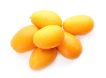 Fresh ripe kumquats on white background, top view. Exotic fruit