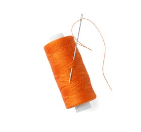 Spool of orange sewing thread with needle isolated on white, top view