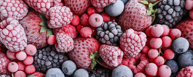 Mix of different frozen berries as background, banner design