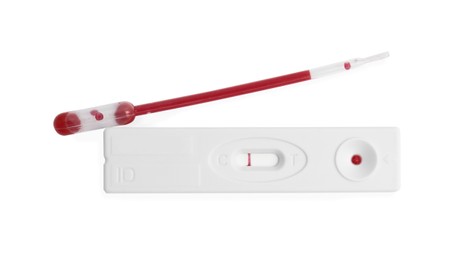 Disposable express test for hepatitis and pipette with blood on white background, top view