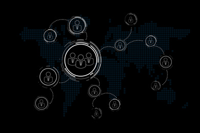 Illustration of Corporation structure. Linked people figures and world map on black background