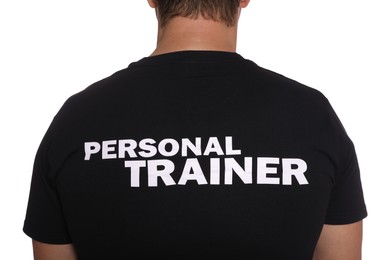Closeup of personal trainer in uniform on white background, back view. Gym instructor