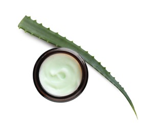 Jar of hand cream and aloe on white background, top view