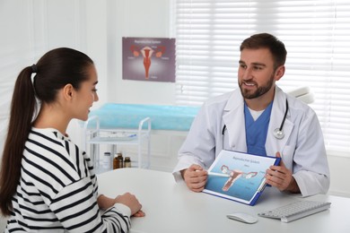 Gynecologist showing illustration of female reproductive system to young woman in clinic
