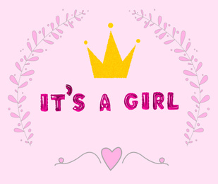 Image of Phrase ITS A GIRL made of foil balloon letters and crown on pink background. Baby shower party