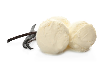 Balls of tasty vanilla ice cream and pods on white background