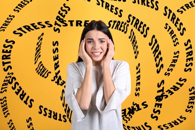 Stressed young woman and text on yellow background