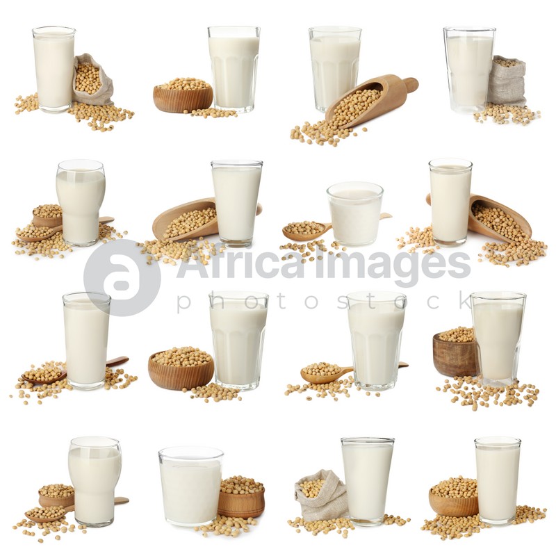 Set with natural soy milk and beans on white background