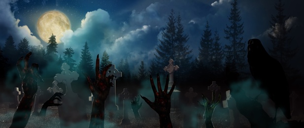 Scary zombies and monsters arising from graves at old misty cemetery under full moon on Halloween night. Banner design