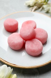 Delicious mochi on plate, closeup. Traditional Japanese dessert