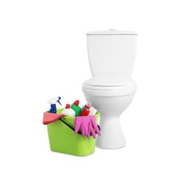 Toilet bowl and bucket with cleaning supplies on white background