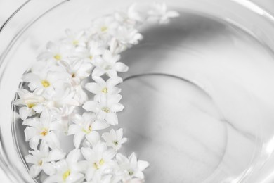 Photo of Bowl with water and flowers, closeup. Spa treatment