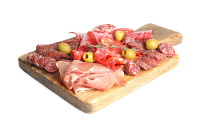 Wooden board with tasty prosciutto and other delicacies isolated on white