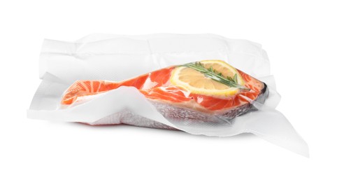 Salmon with lemon in vacuum pack on white background