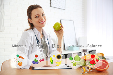 Nutritionist's recommendations. Doctor with apple and clipboard at desk in office
