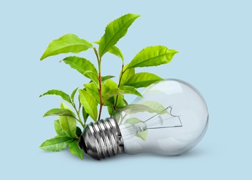 Saving energy, eco-friendly lifestyle. Light bulb and fresh green leaves on light blue background