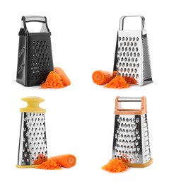 Set with stainless steel graters and fresh carrots on white background 