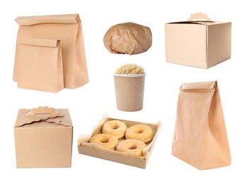 Collage of cardboard containers on white background. Food delivery