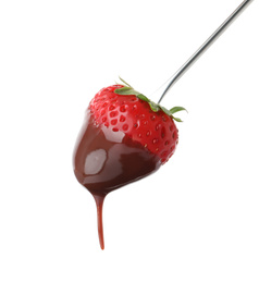 Strawberry with chocolate on fondue fork against white background