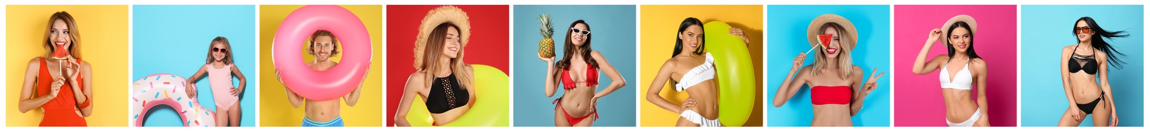 Collage with beautiful photos themed to summer party and vacation. Happy people wearing beachwear on different color backgrounds, banner design