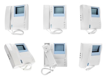 Intercom base stations with handsets on white background, collage