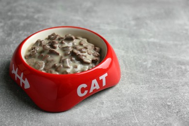 Wet pet food in feeding bowl on light grey background, space for text