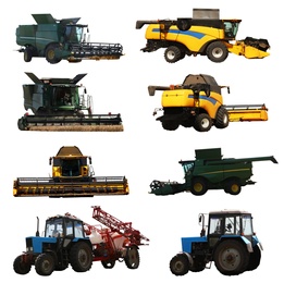 Set of different agricultural machinery on white background 