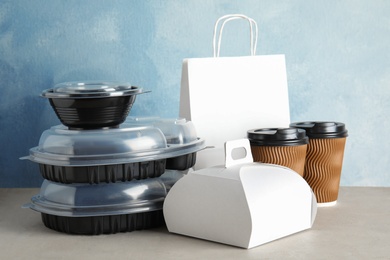 Various takeout containers on table. Food delivery service