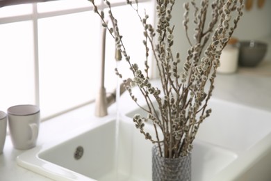 Beautiful blooming pussy willow branches in kitchen, closeup. Space for text