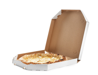 Photo of Delicious hot cheese pizza in takeout box isolated on white